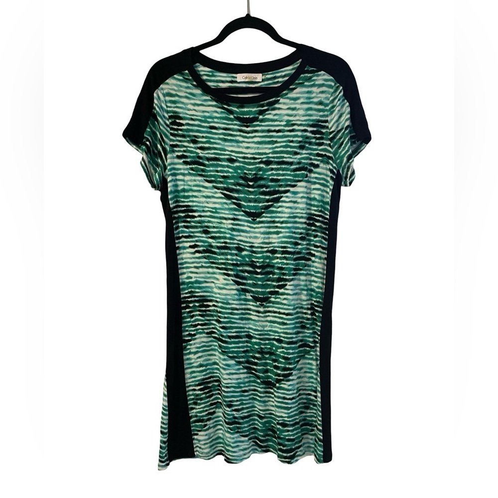 Calvin Klein Abstract Print Shift Dress Green, Black and White Size Large